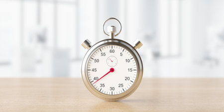 Silver classic stopwatch on blured office background. 3d rendering