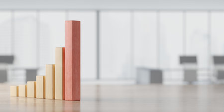 Wooden financial chart. Business strategy. Cubes blocks bar graph. 3d rendering
