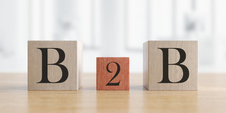Business concept text B2B cubes on office blured background. 3d renderingの写真素材