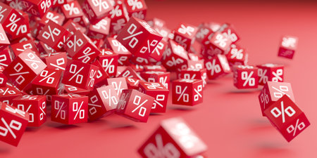 Discounts and sale promotions. Lots of blocks with percentages. 3d renderingの写真素材