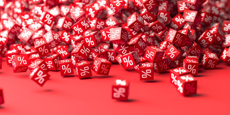 Sale Discount Concept. Bunch of Red Percentage Cubes. 3d rendering