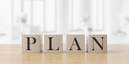 Business concept text PLAN cubes on office blured background. 3d rendering