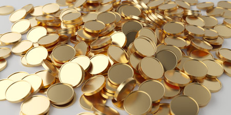 Golden metallic coins abundance. Earning profit concept. 3d renderingの写真素材
