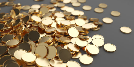 Golden metallic coins abundance. Earning profit concept. 3d renderingの写真素材