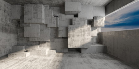 Futuristic empty room with window to cloudy blue sky. Abstract construction concept. 3d rendering