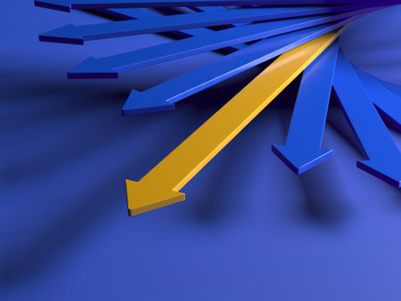 One yellow arrow standing out from the crowd. Leadership concept. 3d renderingの写真素材