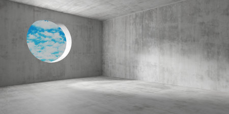 Futuristic empty room with window to cloudy blue sky. Abstract construction concept. 3d renderingの写真素材