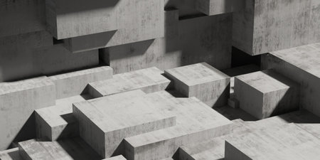 Concrete cube wall background wallpaper. Stone cubes arranged randomlyの写真素材