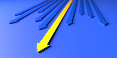 One yellow arrow going straightの写真素材