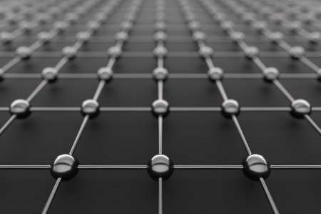 Abstract metallic grid pattern with reflective spheres in geometric layout. 3d render.の写真素材