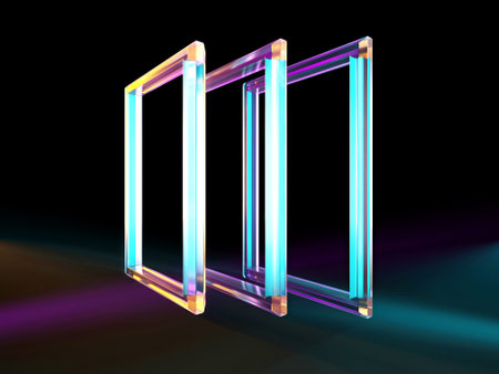 Futuristic neon geometric shapes in transparent glass with vibrant color reflections. 3d render..の写真素材