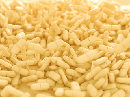 Overflowing yellow capsules background for pharmaceutical concepts and healthcare design. 3d render.の写真素材