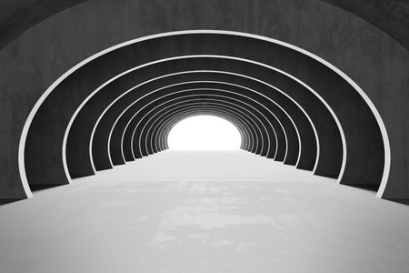 Futuristic concrete tunnel with arched design, highlighting depth and minimalist architecture concepts. 3d render..の写真素材