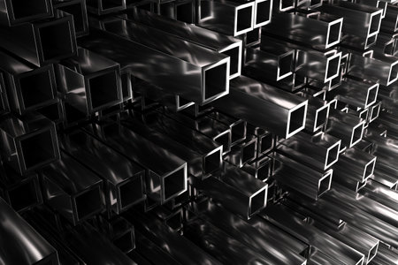 Abstract metallic geometric pattern with reflective 3d shapes in industrial design. 3d render.の写真素材