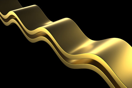 Flowing gold ribbon waves on black background for creative design and decoration. 3d render.