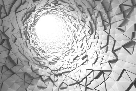 Geometric abstract tunnel with white triangular surfaces. 3d render.の写真素材
