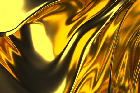 Golden liquid waves flowing in abstract motion for elegant background design. 3d render.