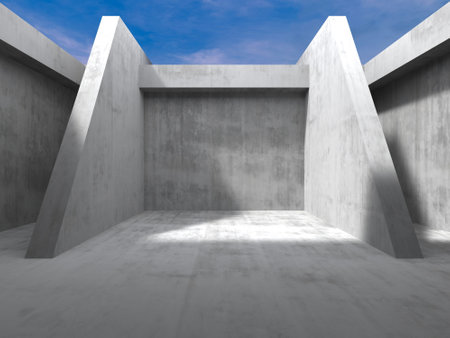Modern architectural abstract with geometric concrete structures under blue sky. 3d render.の写真素材