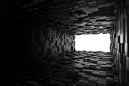 Abstract geometric tunnel with black cubes and bright light in futuristic design. 3d render.