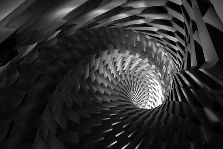 Abstract geometric spiral structure with metallic texture in black and white. 3d render..の写真素材