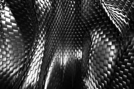 Abstract metallic wave pattern with dramatic lighting effects. 3d render.の写真素材