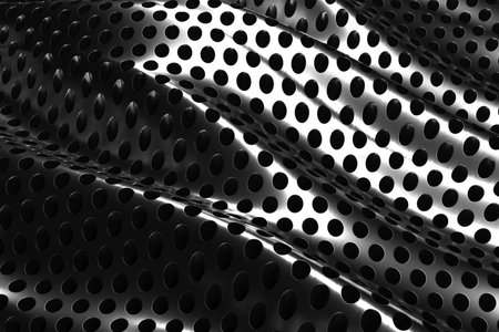 Abstract metallic waves with perforated black surface. 3d render.の写真素材