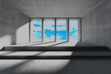 Architectural abstract with sky view through large windows. 3d render.の写真素材