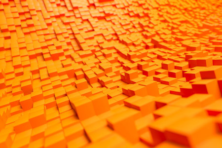 Geometric abstract pattern with 3d orange cubes in a dynamic wave formation. 3d render.の写真素材