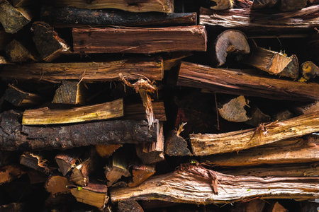 Stacked firewood background with natural wooden logs for rustic warmth.