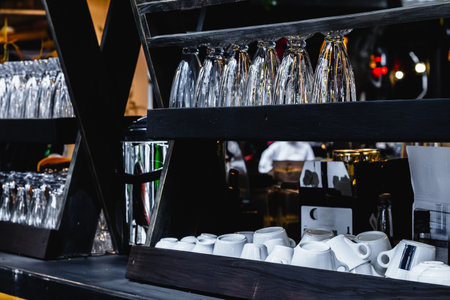 Glass and ceramic cups arranged on a cafの写真素材