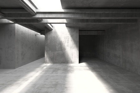 Minimalist architectural concrete space with sunlight streaming through openings. 3d render..