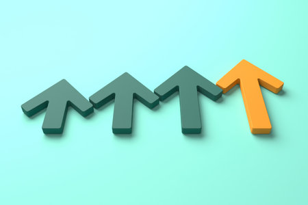 Teamwork concept with three green arrows and one orange arrow on teal background. 3d render.