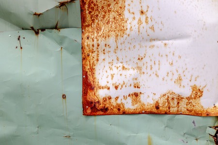 Rusty metal sheet on weathered green surface with corrosion and texture details.の写真素材