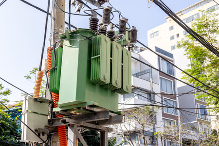 Urban electrical transformer amidst power lines near buildings and trees.