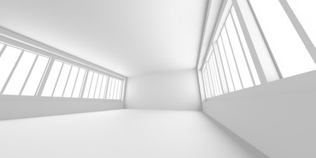 Minimalist white interior with large windows and clean lines. 3d render.の写真素材