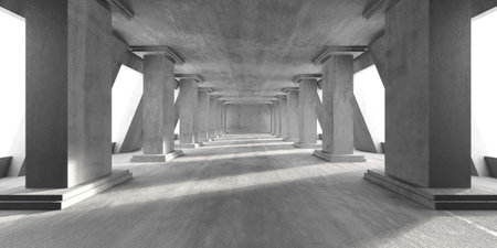 Modern minimalist concrete hallway with geometric pillars. 3d render.の写真素材
