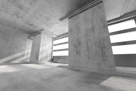 Modern industrial concrete interior with sunlight streaming through large windows. 3d render.の写真素材