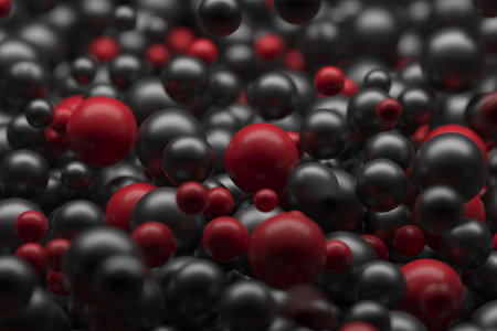 Dynamic abstract spheres in black and red. 3d render.の写真素材