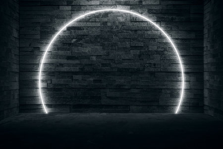Abstract neon arch in dark tunnel environment. 3d render.の写真素材
