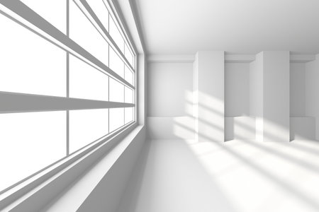 Minimalist interior with large windows and sunlight streaming in a modern white room. 3d render..の写真素材
