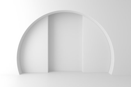Minimalist architectural interior featuring a modern white archway. 3d render..の写真素材