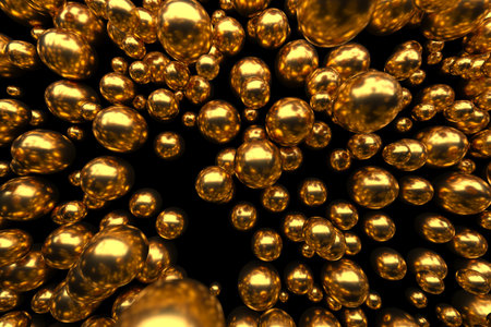 Golden spheres in a dynamic float pattern for luxury and modern design. 3d render.の写真素材
