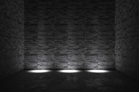 Dramatic dark stone wall background with light highlights for design projects. 3d render..の写真素材