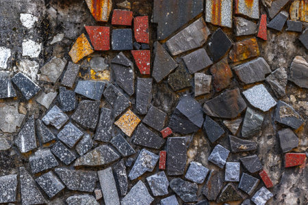 Colorful textured stone mosaic wall with varied shapes and sizes.の写真素材