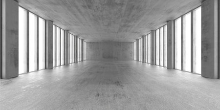Modern industrial concrete interior with large windows and minimalist design elements. 3d render.の写真素材