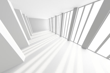 Futuristic minimalistic architecture with geometric shadows in a sunlit interior design. 3d render.の写真素材