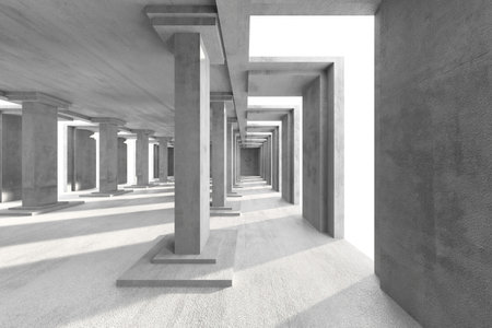 Modern concrete architecture with geometric columns and symmetry. 3d render.の写真素材