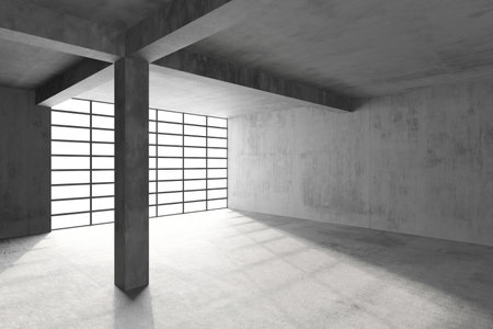 Minimalist industrial interior with concrete walls and large windows for modern design inspiration. 3d render..の写真素材