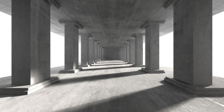 Ancient greek architecture inspired hallway with dramatic light and shadow. 3d render.の写真素材
