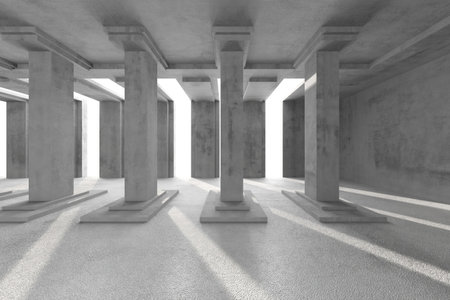 Abstract architectural concrete pillars in modern empty interior space. 3d render.の写真素材